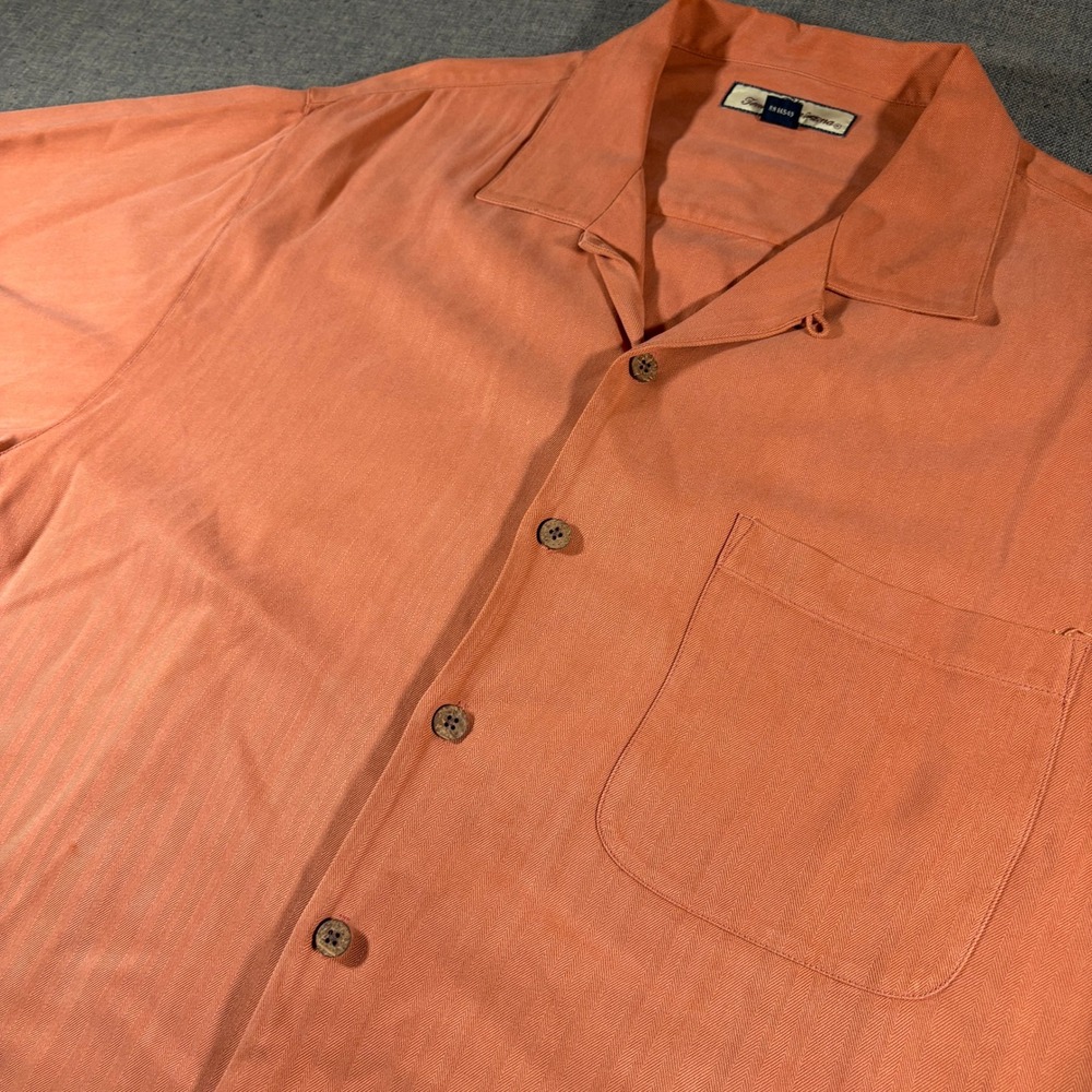 Tommy Bahama Button Down Mens Large Orange Silk Herringbone Short Sleeve Shirt